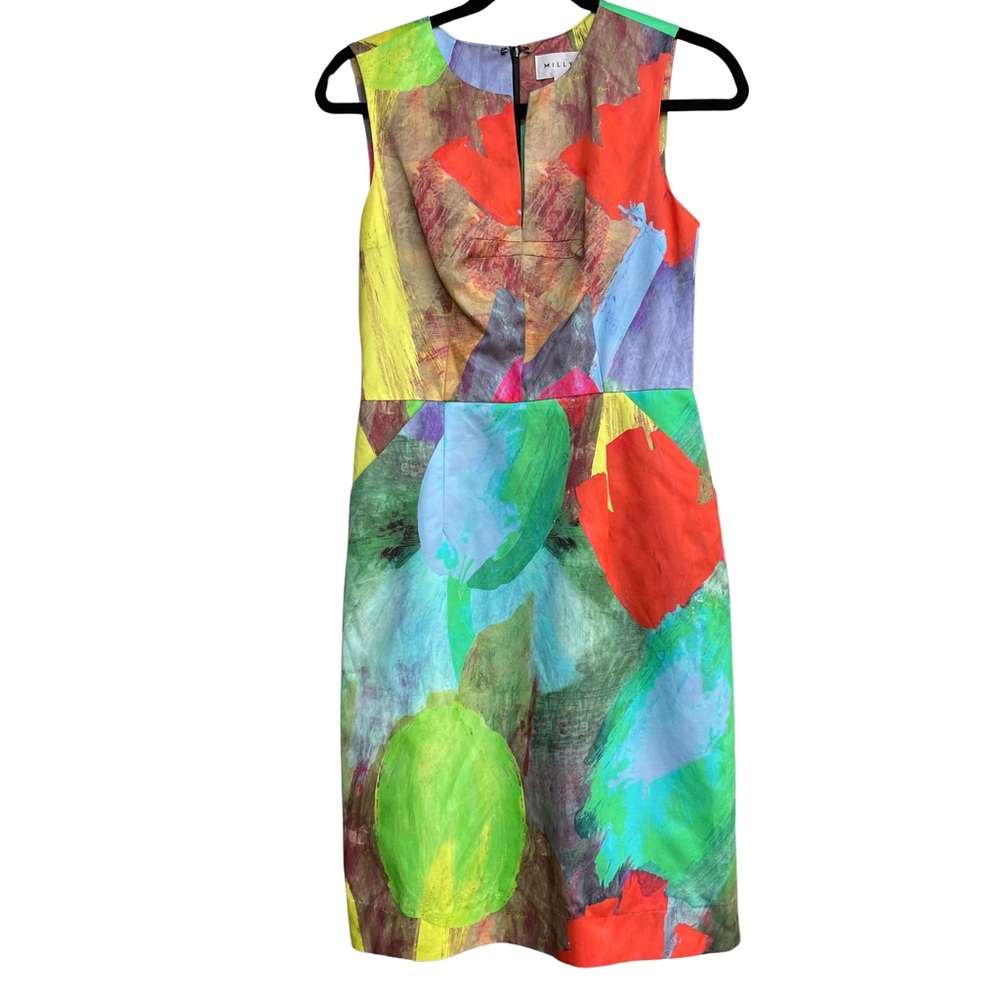 Milly Notch Tulip Paint Print Sheath Career Dress watercolor stroke Artsy Size 4